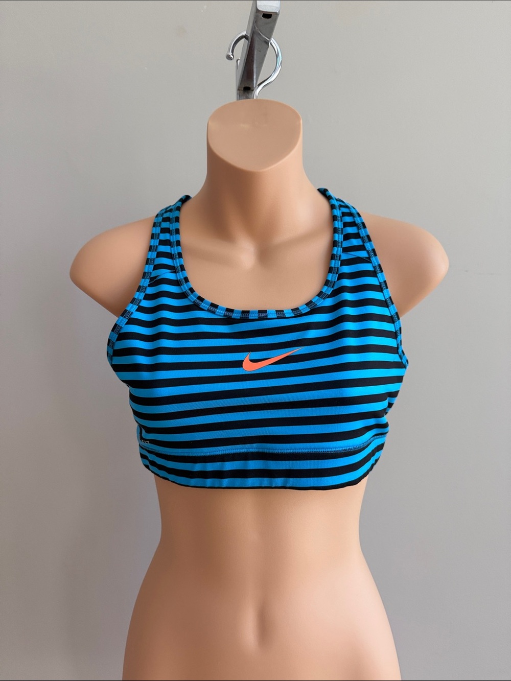 Nike Pro Dri-Fit Blue & Black Striped Sports Bra with Orange Swoosh Accent SZ M